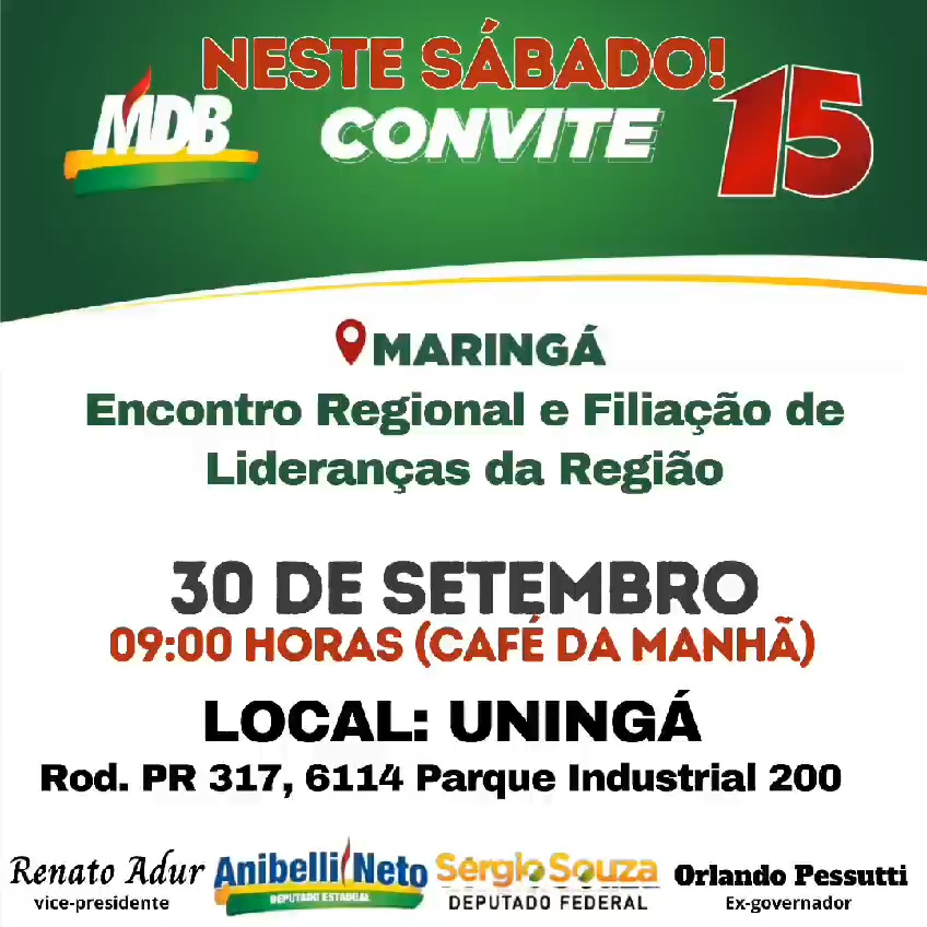 MDB realiza encontro regional de lideranças e filiação em Maringá neste sábado, 30 2 Encontro do MDB neste sabado 30 de setembro