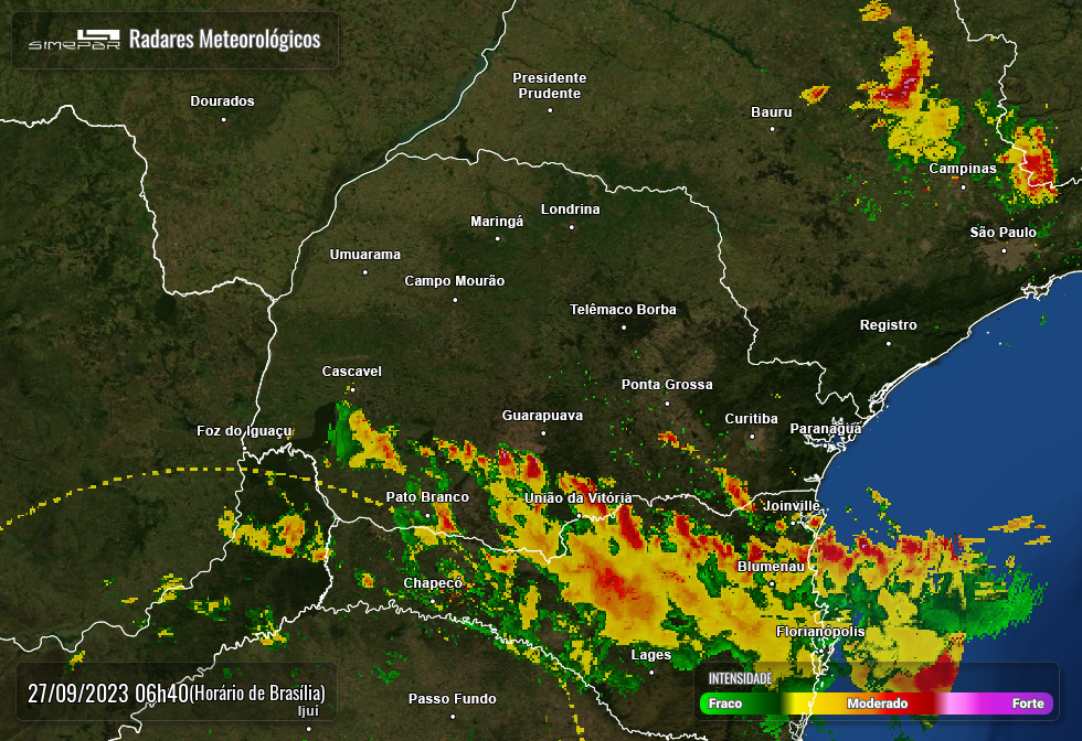 Pancadas de chuva e trovoadas voltam a atingir o Paraná, confira na previsão do tempo 3 Radar Simepar 27/09/2023