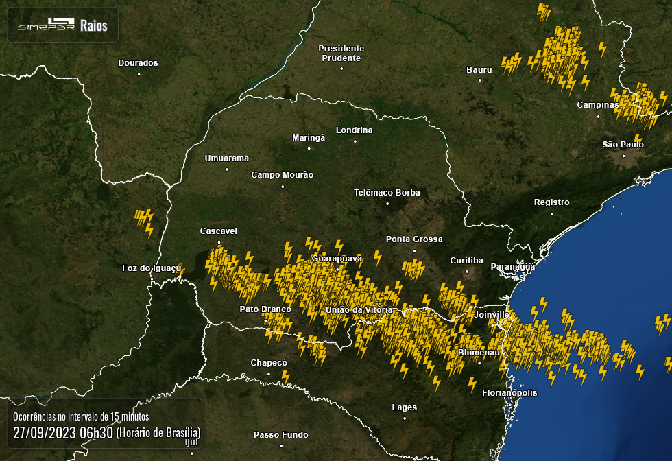 Pancadas de chuva e trovoadas voltam a atingir o Paraná, confira na previsão do tempo 4 Radar Simepar 27/09/2023