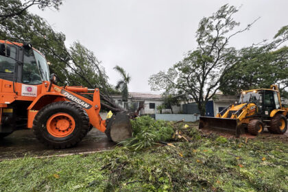 Recolhendo galhos de árvores, fazendo limpeza e religando energia