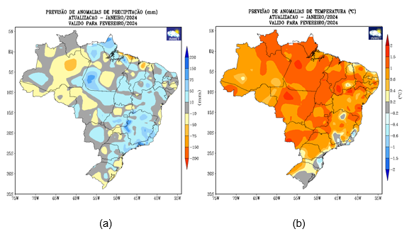 Previsão de anomalias de (a) precipitação e (b) temperatura média do ar do modelo climático do Inmet para o mês de fevereiro de 2024.