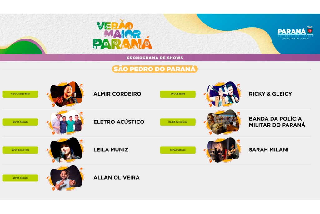 Shows gratuitos vão animar os fins de semana em Porto Rico e São Pedro do Paraná 4 São Pedro do Paraná: Programação completa dos shows do Verão Maior Paraná