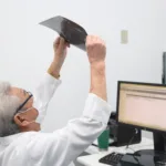 Médico olhando exame de raio x