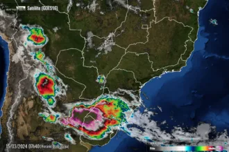 Radar Simepar, mapa do Brasil com nuvens de chuva no sul