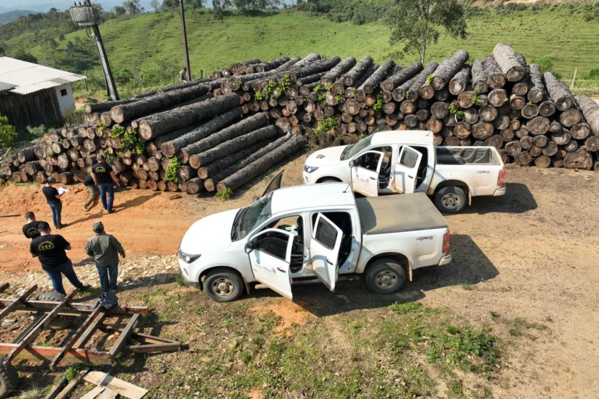 Madeiras cortadas, carros da fiscalização ambiental