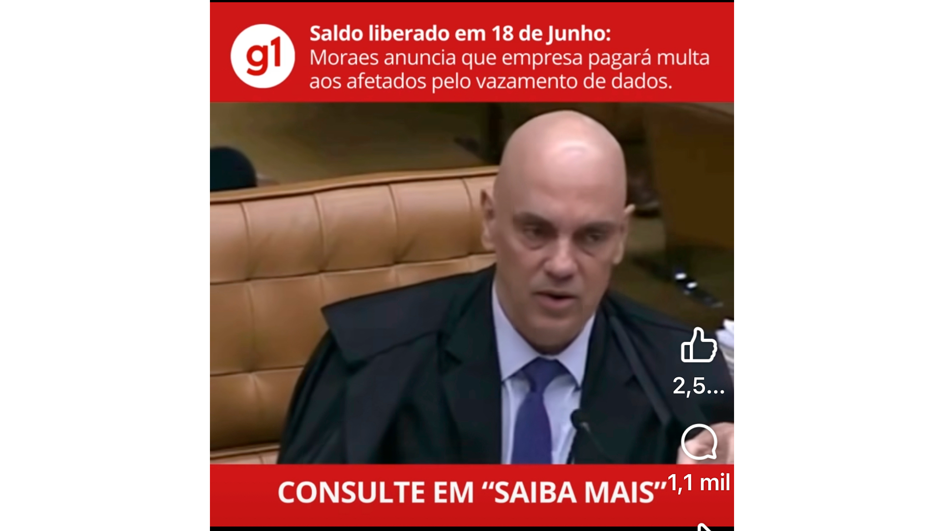 Fake news com imagem do ministro do Supremo Tribunal Federal (STF), Alexandre de Moraes, falando sobre uma suposta indenização para quem teve seus dados pessoais vazados na internet.