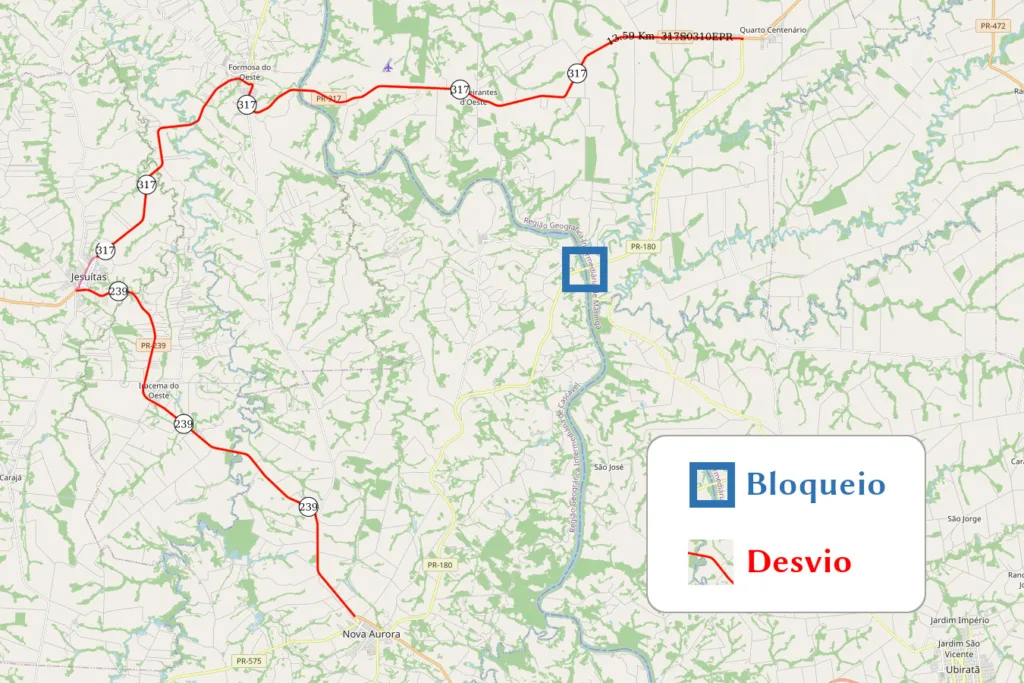 Ponte entre Nova Aurora e Quarto Centenário terá bloqueio de quarta a sexta-feira 2 pr 180 ponte rio piquiri manutencao e bloqueio 06 mapa