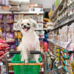 Cachorro no carrinho de compras do mercado