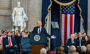 Peimeiro discurso de cerca de 30 minutos, de Donald Trump como novo presidente dos Estados Unidos em 2025