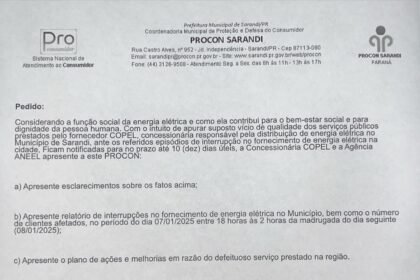 Procon de Sarandi notifica Copel e Aneel após apagão no município