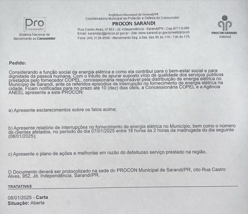 Procon de Sarandi notifica Copel e Aneel após apagão no município