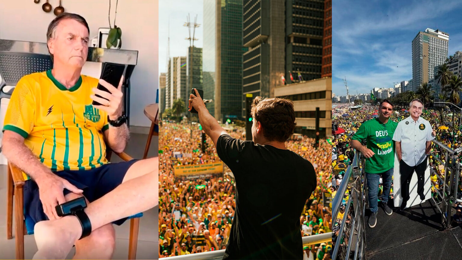 Jair Bolsonaro com celular, Nikolas com celular e Flávio Bolsonaro fazendo selfie