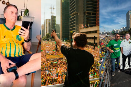 Jair Bolsonaro com celular, Nikolas com celular e Flávio Bolsonaro fazendo selfie