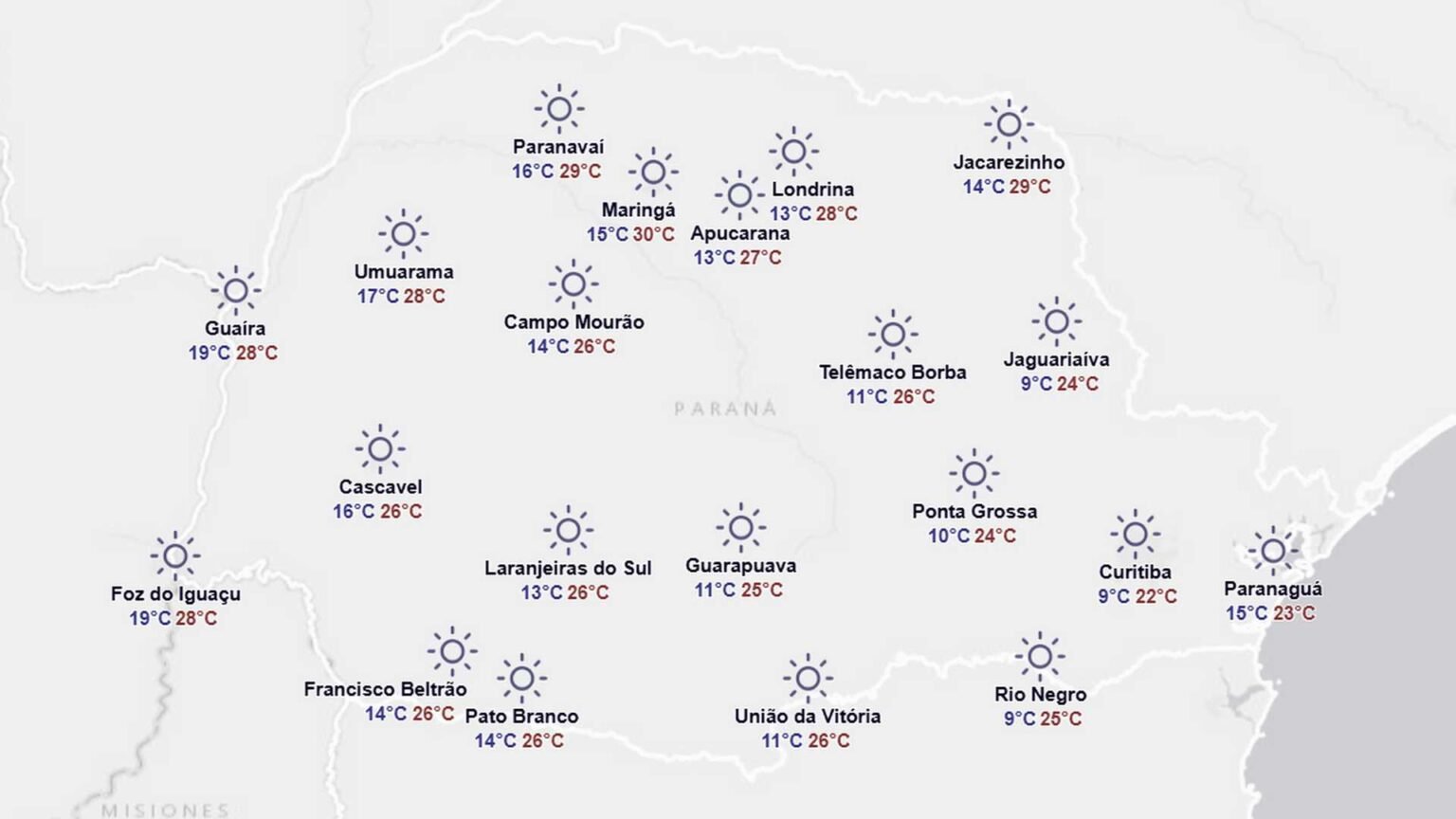Previsao do tempo Simepar tempetaturas no Parana
