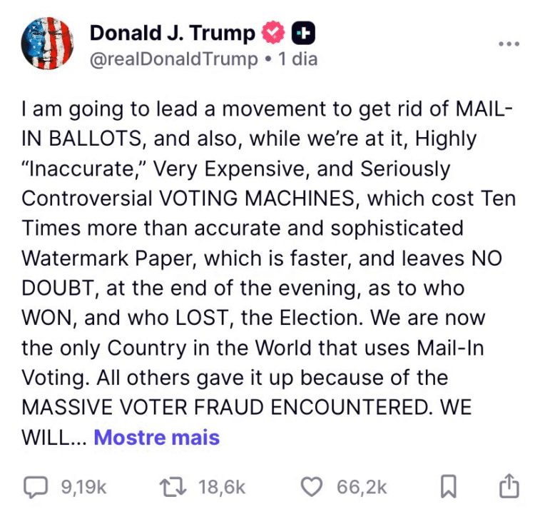 Trump critica sistema de votação dos EUA e liderar movimento para eliminar cédulas por correio e máquinas de votação 2 Publicação de Donald Trump na Truth Social sobre o sistema de votação dos EUA.